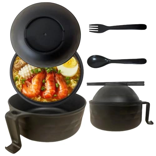 RONSOOBA microwave ramen bowl,wheat fiber instant noodle bowl,Noodle Bowl with Phone Holder, Portable Ramen Cooker,ramen bowl set,microwave ramen bowl with strainer (black)