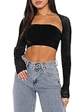 Remidoo Women's Sexy Strapless Tube Top with Open Front Long Sleeve Crop Top T Shirt Black X-Small