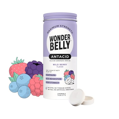 Wonderbelly Antacid Effective Heartburn and Instant Acid Indigestion Relief Extra Strength Chewable Tablets 1000 mg Calcium Carbonate No Talc or Dye Wild Berry...