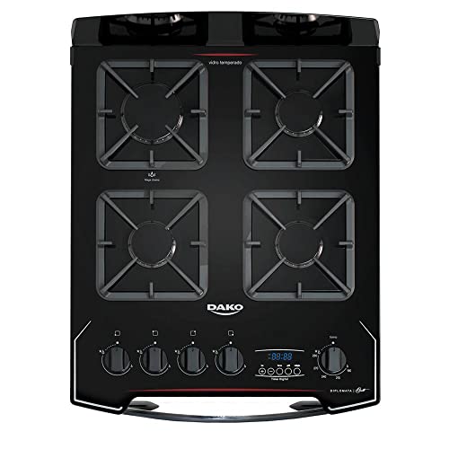 Fogão 4 Bocas Preto com Frente em Vidro Preto e Timer Digital Dako Diplomata Grill Bivolt
