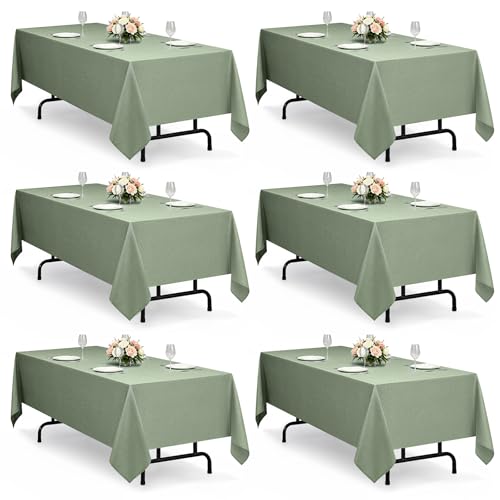 Decorelia Linen Texture Table Cloths for 6 Ft Rectangle Tables-6 Pack, Sage Green Washable Polyester Rustic Fabric Faux Linen Table Cloth Cover for Wedding,Outdoor,Events, Party,Banquet, 60x102 Inch