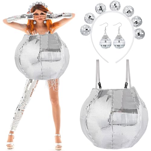 JenPen 3 Pcs 70s Women Disco Costume Set Include Disco Ball Clothes with Headband and Earring Women 70s Party Costume for Halloween Cosplay Silver