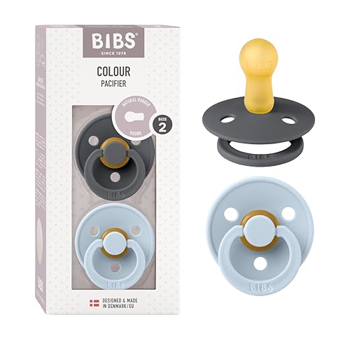 Image of BIBS Pacifiers Colour Collection | Natural Rubber Baby Pacifier | Round Nipple | Set of 2 BPA-Free Soothers | Made in Denmark | 6+ Months (Pack of 2) | Baby Blue /Iron