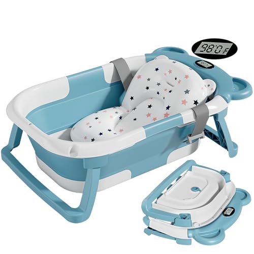 Image of TPN Collapsible Baby Bathtub for Infants to Toddler with Real-time Temp Monitor+Floating Cushion,Foldable Baby Bath Tub Set Applicable 0-36 Month,Perfect Portable Travel Baby Tub for Newborns Girl