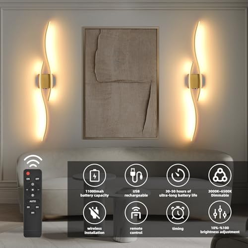 Image of Battery Powered Wall Sconces Set of 2, Gold 39.4 inch LED Dimmable Wall Sconce with Remote Control /Timer /Memory, USB Rechargeable Wall lights for Living Room, Bedroom, Hallway Wireless scones lighting