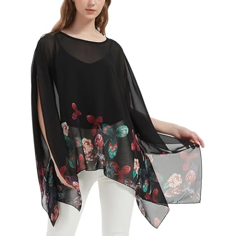 Wiiiwish Women's Floral Chiffon Blouse Batwing Summer Hippie Sheer Loose Caftan Poncho Tunic Shirt Tops Cover