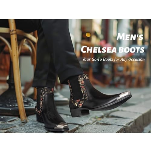 Men's Chelsea Boots with Floral Jacquard Fabric and Silver Toe Cap Slip On Dress Boots for Stage, Party, Fashion, Casual, Stylish Shoes3