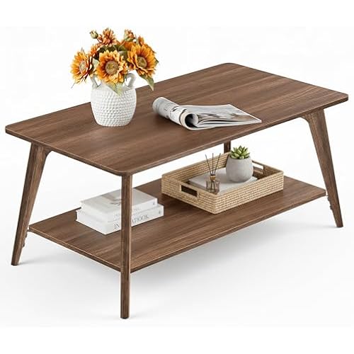 VASAGLE Coffee Table, 2-Tier Center Table with Storage, Tapered Legs
