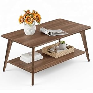 VASAGLE MAEZO Collection – Coffee Table, 2-Tier Center Table with Storage, Tapered Legs, Curved Transitions, 21.7 x 39.4 x 17.7 Inches, Easy to Assemble, for Living Room, Chestnut Brown ULCT249KX01S