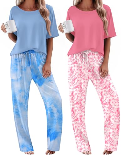 Image of Ekouaer 2 Pack Womens Pajamas Sets Short Sleeve Long Pants Pjs Lounge Set