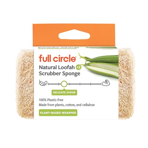 Image of Full Circle 100% Plant-Based Loofah Sponges - Pack of 2 - Plastic-Free, Natural Sponge, No Microplastics, Safe for Nonstick Cookware