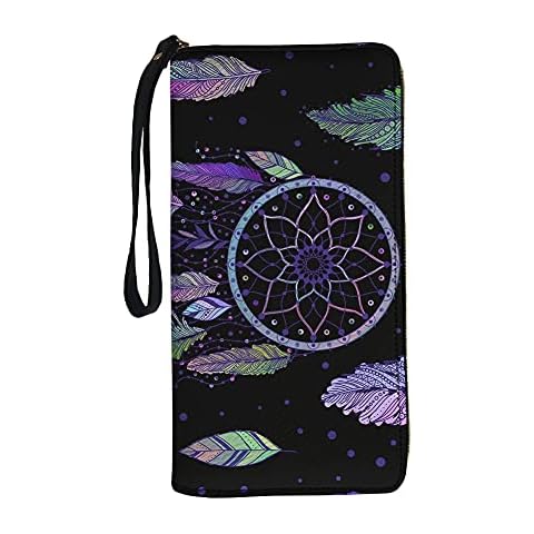 TOADDMOS Dream Catcher Feather Women's Zip Around Long Wallet Women Purse, Stylish Leather Clutch Wallet RFID Blocking, Large Capacity Cover