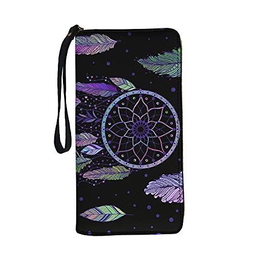 TOADDMOS Damen Geldbörse Leder Reißverschluss Geldbörse Mädchen Damen Handtaschen Clutch Tasche Kreditkarte Bargeld Halter, Traumfänger mit Federn, Casual Cover