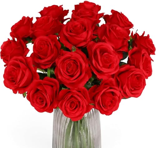 Image of Dekorly Artificial Fake Roses Flowers - 10 Pcs Fake Artificial Roses Silk Flowers with Stems for Home Room Tabletop Wedding Hotel Office Centerpiece Decor | Height 18 Inch (Red)