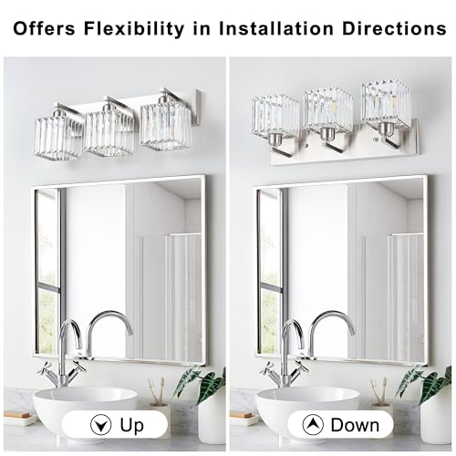 Image of Modern Bathroom Vanity Light 3-Lights, Modern Chrome Crystal Light Fixtures Over Mirror, Chrome Bathroom Vanity Lighting Crystal Wall Sconce