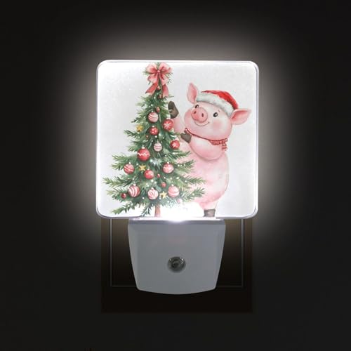 Image of Christmas Tree Pig Night Lights 2 Pack Plug-in Wall Led Nightlight Auto Dusk-to-Dawn Sensor Lamps for Bedroom Kitchen Bathroom