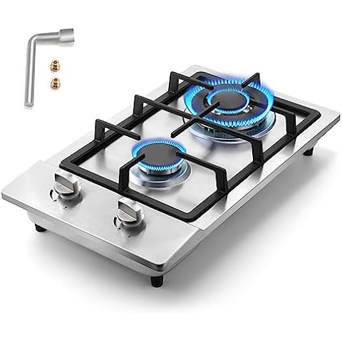 Kiriner Gas Cooktop 2 Burners Gas Stove Top, 12 Inches Portable Stainless Steel Built-in LPG/NG Dual Fuel Gas Hob for Kitchen, RVs, Apartments, Outdoor (L12"×W20") Cover