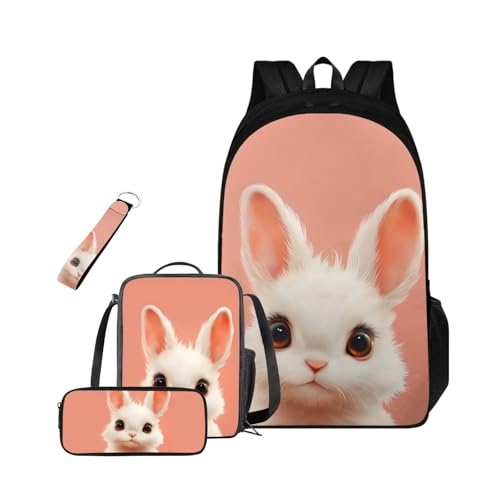 HUGS IDEA Cute Bunny Backpack for Girls Rabbit School Bookbag for Girls Asethetic Backpack with Lunch Box 4 Piece School Bag Set for Girls 10-12 Lightweight School Bag for Middle School