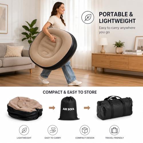 Image of Inflatable Air Sofa Chair with Ottoman & Automatic Electric Pump, Portable Flocked Blow Up Lounge Chair for Living Room, Bedroom, Camping & Outdoor Use (Beige)