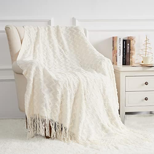 Quinnsus Knit Throw Blanket for Bed, Soft Lightweight Decorative Bed Throw Blankets, Jacquard Textured Boho Summer Throw Blanket with Tassels for Bed, Sofa and Living Room (White, 50 x 60 inches)