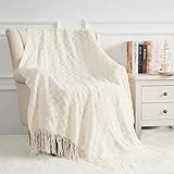 Quinnsus Knit Throw Blanket for Bed, Soft Lightweight Decorative Bed Throw Blankets, Jacquard Textured Boho Summer Throw Blanket with Tassels for Bed, Sofa and Living Room (White, 50 x 60 inches)