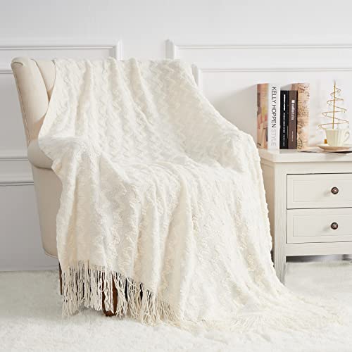 Quinnsus Knit Throw Blanket For Bed, Soft Lightweight Decorative Bed Throw Blankets, Jacquard Textured Boho Summer Throw Blanket With Tassels For Bed, Sofa And Living Room (White, 50 X 60 Inches) #TOP26