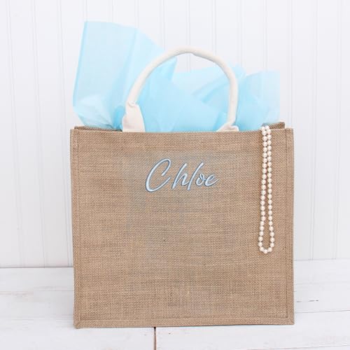 Threadart Personalized With Embroidery Jute Tote Bag - Medium Size - 14.5x13x7 - Fine Burlap Jute Reusable Gift Favors Bag with Handles - For Bridesmaids, Gifts, Bachelorette Party, Family Trips2
