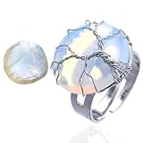 HALUKAKAH Anillo de Piedra Lunar - AMOR LUNAR - Árbol de la Vida con Enrollado de Chapado en Platino Hecho a Mano, Forma de Luna Llena de Cristal Natural, Ajustable en Tamaño