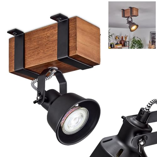 HOFSTEIN Deckenleuchte Safari, verstellbare Deckenlampe aus Metall/Holz in Schwarz/Natur, Leuchte im Industrial/Retro/Vintage-Design, Holzbalken, GU10, Wohnzimmer, Esszimmer, Schlafzimmer, Küche