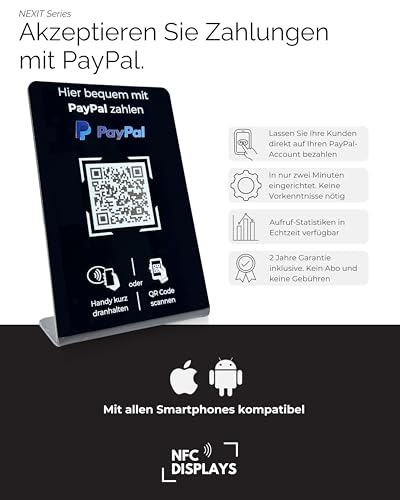 Aufsteller/Schild für PayPal-Zahlung mit QR-Code und NFC (16,5 x 10,5 cm) - schwarz
