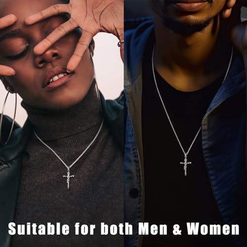Besteel Sterling Silver Crucifix Necklace for Men Women - Men's Silver Crucifix Pendant Necklace with Stainless Steel Rope Chain Catholic Baptism Jesus Cross Necklace Jewelry3