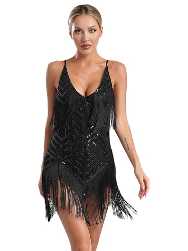 YOOJIA Damen Abendkleider mit Pailletten Fransen Tanzkleid Latein Kleid Rumba Cha Cha Tango Samba Quaste Glitzer Kleid Wettbewerb Dancewear Schwarz S