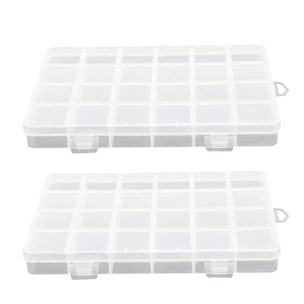 Juvielich 2PCS Clear Plastic Organizer Box, 24 Fixed Grids Storage Container, Jewelry Box for Beads Art DIY Crafts Jewelry Fishing Tackles, 7.56