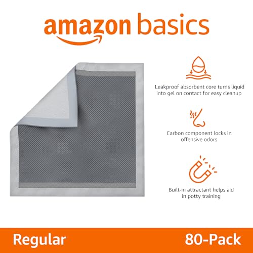 Image of Amazon Basics Carbon Odor Control Dog and Puppy Pee Pads, 5-Layer Leak-Proof Super Absorbent, Quick-Dry Surface for Potty Training, Regular Size 22 inchx22 inch, Gray, 80 Count