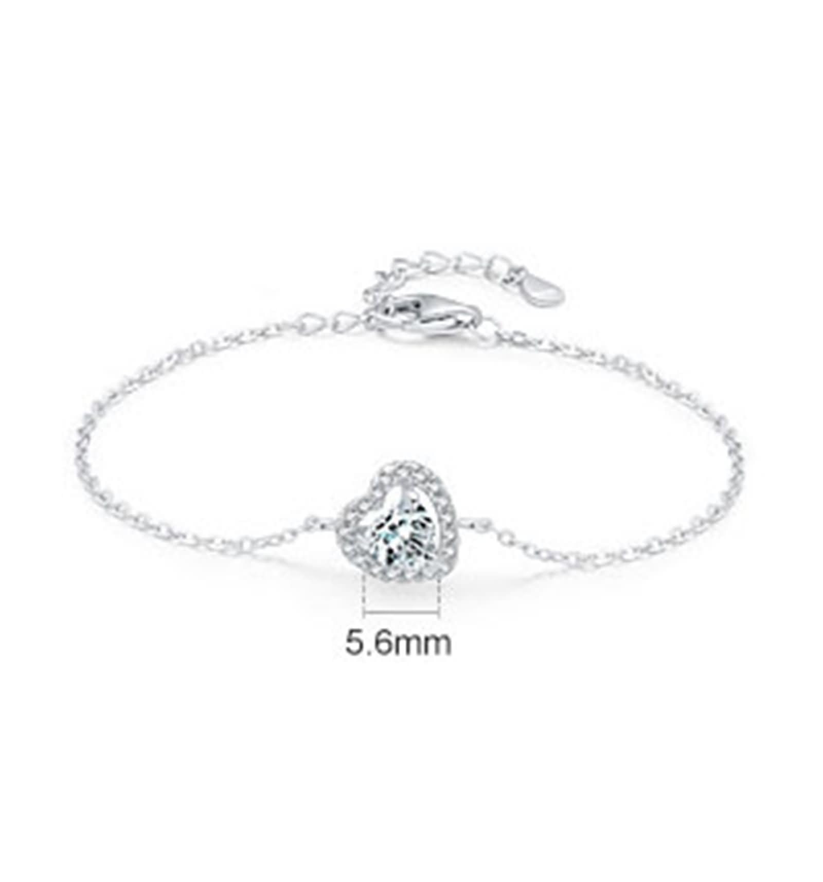 Pulsera Oro Blanco 9K / 14K / 18K Mujer, Cadena con Corazón y Diamante Creado de 0,5 ct, Cadena Extensible 16 CM + 5 CM, Pulseras para Mujer Ajustable Plata