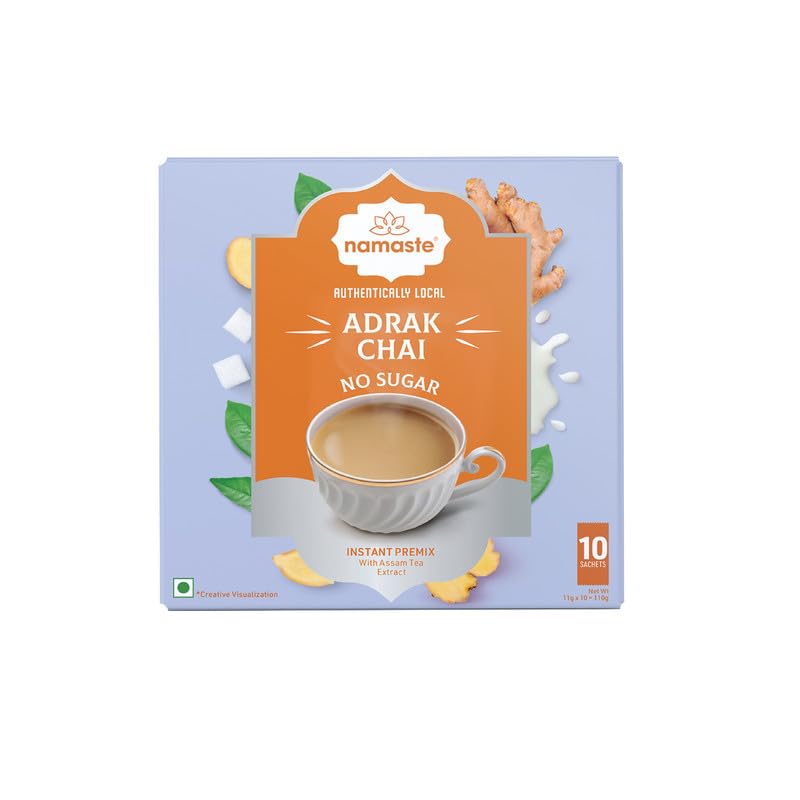 Image of Namsate Chai Adrak Chai Instant Tea Premix No Sugar | Ginger Adrak Unsweetened Instant Tea Premix Sachets | 11g x 10 Sachets