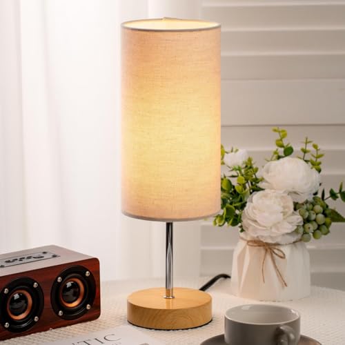 Image of PrettyKrafts Cylindrical Table Lamp with Wooden Base (Bulb Not Included) | 40 x 40 x 46 cm | Natural Color | Modern Decorative Bedside Desk Lamp, Nightstand & Living Room Lamp | Home Decor Lighting