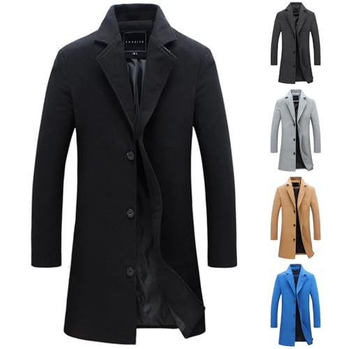 Mens Trench Coat Mid Length Wool Coat Big and Tall Winter Jacket Single Breasted Peacoat Lapel Cardigan Jacket