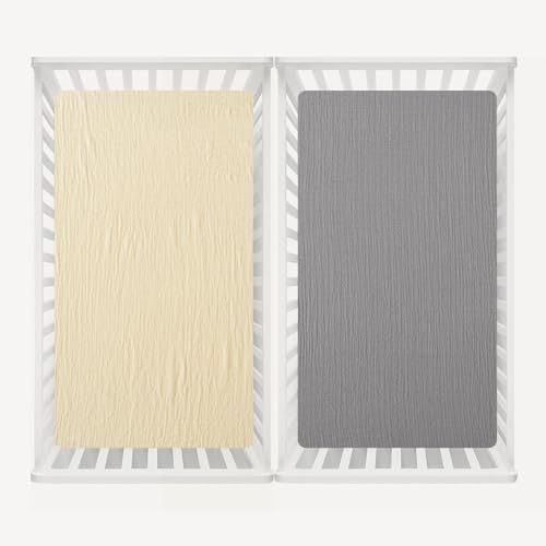 Image of david's kids Muslin Crib Sheets for Boys Girls, 2 Pack 100% Cotton Soft Breathable Fitted Baby Sheet Set, 28x52 Inch Fits Standard Crib and Toddler Mattresses, Beige & Grey