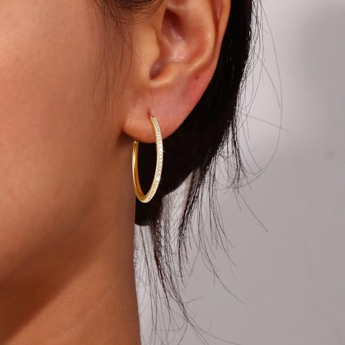 CHESKY Large Rhinestone Post Open Hoop Earrings - 14k Gold Thin Cubic Zirconia Round Hoops 15/20/25/40/50mm Hypoallergenic Sparkly Earrings for Women Trendy Jewelry Gifts