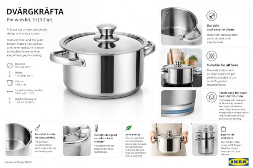Image of DVARGKRAFTA Stainless Steel Pot with Lid, 3 L, Induction Compatible, Thick Aluminium Base, 20 cm Diameter, Stackable Design, Gas Hob Compatible