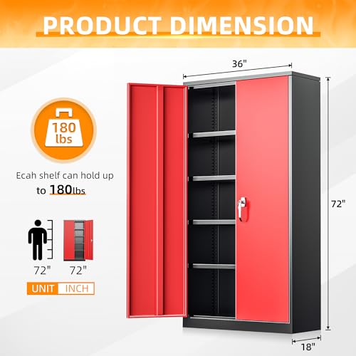 Image of INTERGREAT Metal Storage Cabinet with Doors, 72 inch Locking Steel Storage Cabinet with Shelves, Tall Metal Cabinet Lockable Steel Cabinets for Home Office, Garage,(Black+Red)