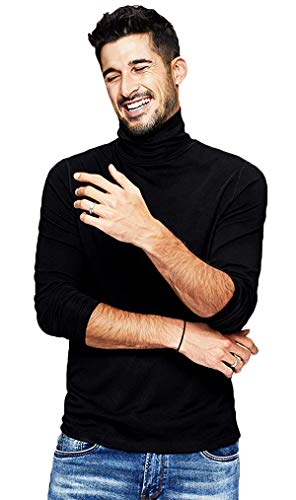 Image of LEOTUDE Men's Regular Fit Turtle High Neck Full Sleeve Cottonblend Solid Black T-Shirt