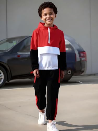 Image of Azmxynol Boys Clothes Kids Little Boy Color Block Half Zip Hoodie & Jogger Pants 2 Piece Outfit Set,4-12 Years
