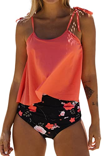 Beachsissi Women's Tie Shoulder Swimsuits Floral Print Ruched Tankini Set
