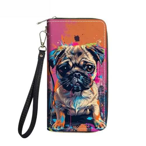 FVAENDHIO Women's Large Capacity Wallet PU Leather Zip Around Clutch Purse Multifunctional Wallet with Removable Wristlet Strap for Smart Phone/Coin/Card/Cash, Watercolor Art Pug
