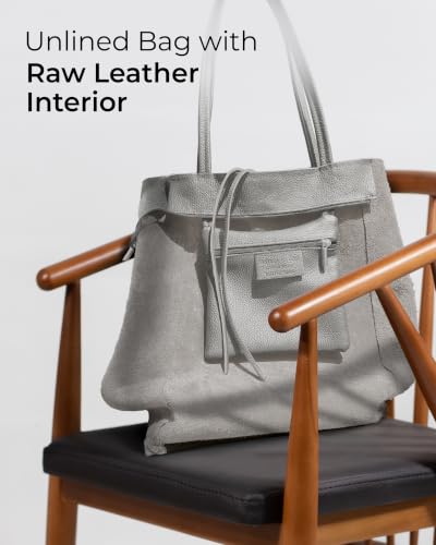 Image of Genuine Italian Leather Tote Bag for Women, Large Slouchy Purse, Grey | Unstructured bag, raw unlined interior with zip pocket, top zipper, side ties, folds flat, fits a 16-inch laptop, lightweight