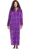 Alexander Del Rossa Women’s Robe, Full-Length Fleece Zipper Bathrobe with Two Large Front Pockets, Purple and Pink Plaid, Large-XL