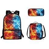 Biyejit Mochila infantil para laptop para estudantes do ensino fundamental e ensino fundamental com lancheira e estojo de lápis, Chama azul vermelha