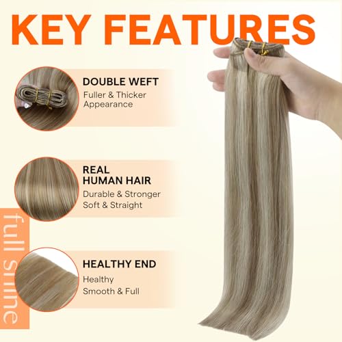 Image of Full Shine 18 Inch Weft Hair Extensions 105G Dark Medium Blonde Remy Weft | Remy Straight Hair Weft Extensions, Dark Blonde Mix Medium Blonde, Soft Silky Hair, Women Daily Styling